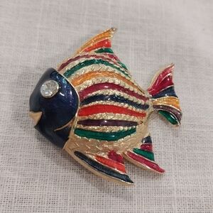 Vintage Colorful Enamel Rhinestone Eye Fish Brooch Pin Gold Tone